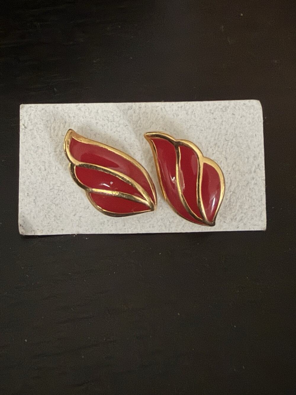 Signed Monet Vintage Gold Tone and Red Enamel Pierced Earrings Wing Style 80s